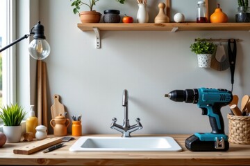 Modern kitchen workspace with wooden shelves plants and tools including drill and knife with natural light for home improvement and interior design decor