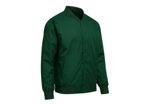 Stylish dark green bomber jacket isolated on transparent background, perfect for fashion
