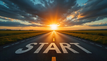 Motivational Word 'START' Painted on an Empty Asphalt Road Leading to a Bright Sunset Horizon in a Dramatic Landscape for Business Goals and New Beginning Concepts