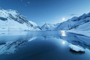 Serene winter landscape with snow-covered mountains reflecting in a calm, icy lake under a starry night sky and bright moon.