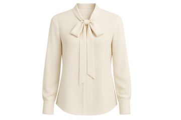 Elegant cream women's blouse with a bow isolated on transparent background