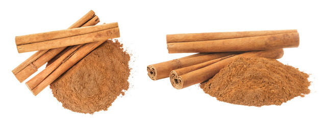 Cinnamon sticks and powder isolated on white background. Top view. Flat lay © kolesnikovserg