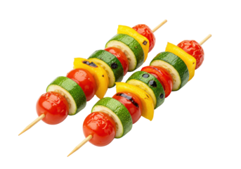 Grilled vegetable skewers isolated on transparent background, colorful vegetarian food PNG