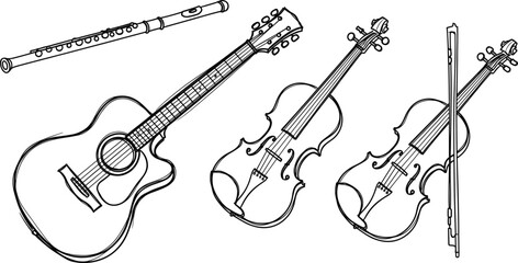 Black and white illustration of flute, acoustic guitar, and violins with bow for music design, orchestration, and educational content  © Silent Soul
