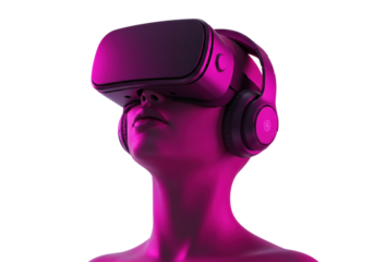 Woman wearing VR headset and headphones isolated on white, virtual reality technology concept