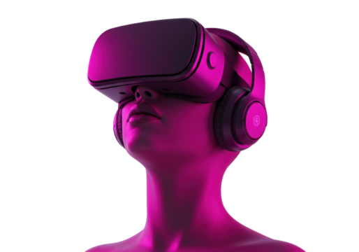 Woman wearing VR headset and headphones isolated on white, virtual reality technology concept