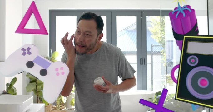 Skincare tutorial creator grabbing cream jar, applying under-eye cream amid drifting game graphics