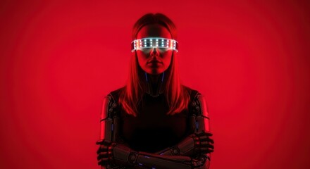 Futuristic female cyborg with led visor in red light
