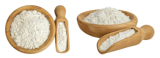 White flour in wooden bowl and scoop isolated on white background. Top view. Flat lay.