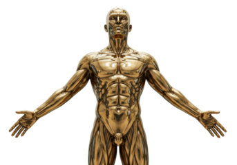 Golden human anatomy model isolated on transparent background, anatomical sculpture PNG