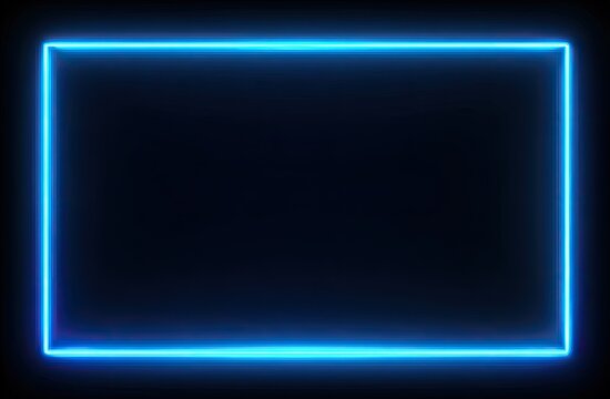 A bright, glowing neon blue rectangle frame, emanating light against a dark black background