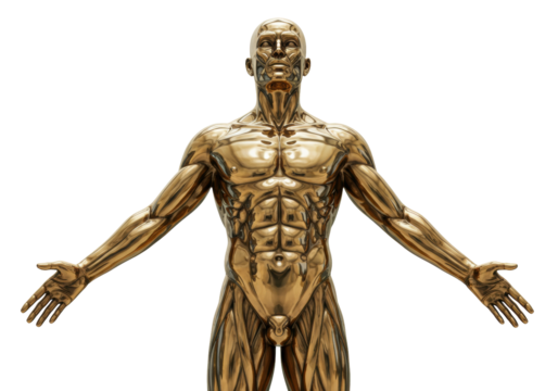 Golden human anatomy model isolated on transparent background, anatomical sculpture PNG