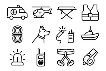 Emergency rescue icons set: line art for safety and first aid equipment