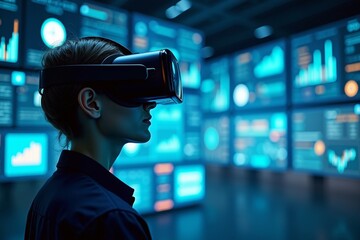 A Person Immersed in Virtual Reality Surrounded by Screens of Data Analytics and Cybersecurity Info in a Futuristic Setting