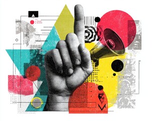 Digital graphic showing hand with pointed finger & megaphone against abstract colorful shapes