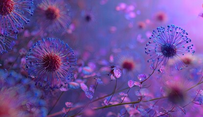 Dreamy, macro-focused image of ethereal, spherical flowers with purple and blue hues