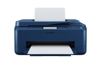 Blue multifunction printer isolated on white, office equipment for printing and scanning documents