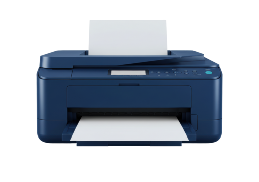 Blue multifunction printer isolated on white, office equipment for printing and scanning documents
