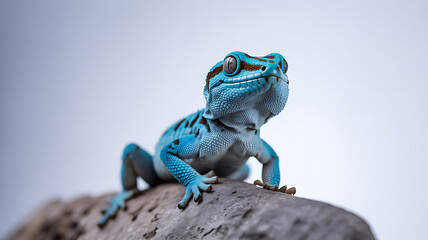 Electric Blue Gecko Lygodactylus Williamsi on Rock Looking at Camera Isolated on Pure White Background
