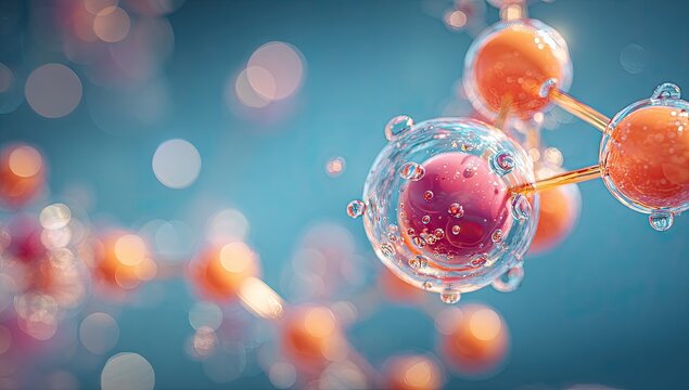 Microscopic rendering showing cells, spheres, and connections floating in a blue environment - Powered by Adobe