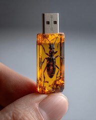 Translucent Amber USB Drive Embedded with Fossilized Insect in Hand Close-Up Photography