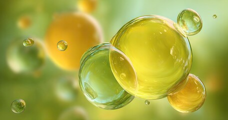 Macro shot of vibrant, translucent orbs, floating with bokeh background