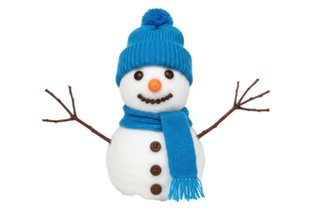 Festive snowman with blue hat and scarf isolated, winter holiday decoration on transparent PNG