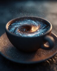 Delicate Espresso Cup with Churning Coffee and Glittering Surface in Soft Lighting