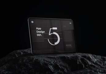 Dark Futuristic Tablet Mockup on Rock Surface