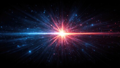 A cosmic explosion with a bright white center bursts outward in shades of red and blue light