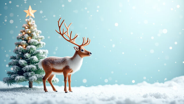 reindeer near the Christmas tree against the background of snowfall