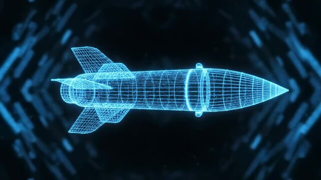 Futuristic Missile Wireframe Model - A digital representation of a futuristic missile, shown as a glowing blue wireframe model against a dark abstract background.