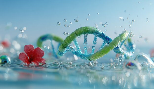 A vibrant rendering of a DNA helix rising from water amidst water droplets and a red flower