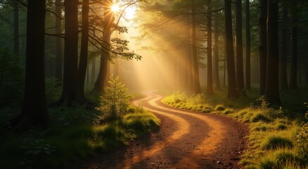 Dirt road in a forest with sun shining through the trees