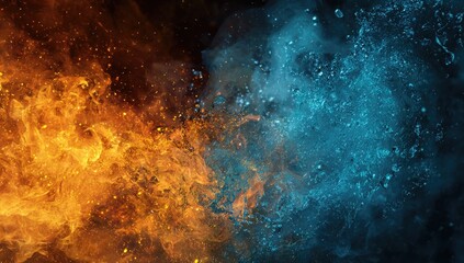 Vibrant clash of fire and water elements meeting, creating abstract, dynamic imagery