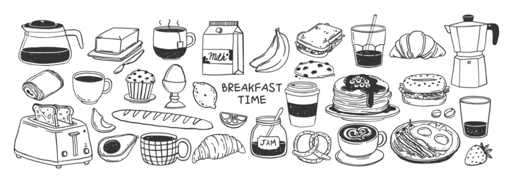 Hand drawn breakfast. Morning food meal. Sketch chalk brunch elements, doodle fresh food and drinks, coffee, tea, croissants, pancakes, eggs, toast. Cafe menu vector set