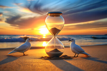 Sandglass with Two White Doves on sea beach Against Vibrant Sunset Backdrop