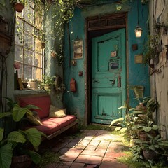 Sun-drenched, overgrown interior walkway