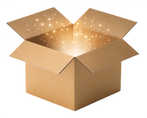 open cardboard box emitting magical glowing light isolated on white background png, ai generated