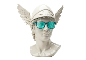 Winged helmet bust with turquoise glasses isolated on white, classical sculpture PNG