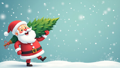 Santa Claus carries a green Christmas tree