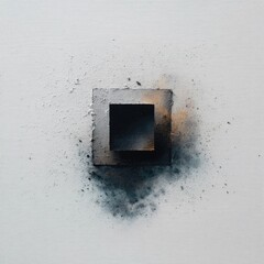 Square, dark void, surrounded by light grey-black powder