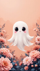 Adorable Cute Ghost Illustration Surrounded by Pink Flowers Pastel Background Whimsical Halloween Fantasy Artwork for Prints and Décor