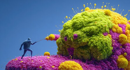 A tiny humanoid figure spears a gigantic, colorful, abstract, porous blob against a blue sky