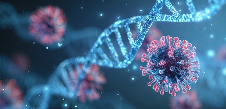 A detailed medical illustration displays a DNA helix amidst viruses, with glowing particles