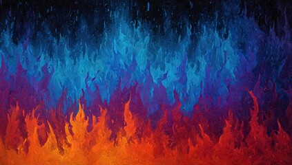 Abstract art depicting flames in vibrant hues of red, orange, blue, and purple
