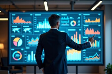 Businessman in a Suit and Tie Standing Before Large Interactive Screen with Colorful Data Charts and Graphs, Surrounded by Modern Design Elements