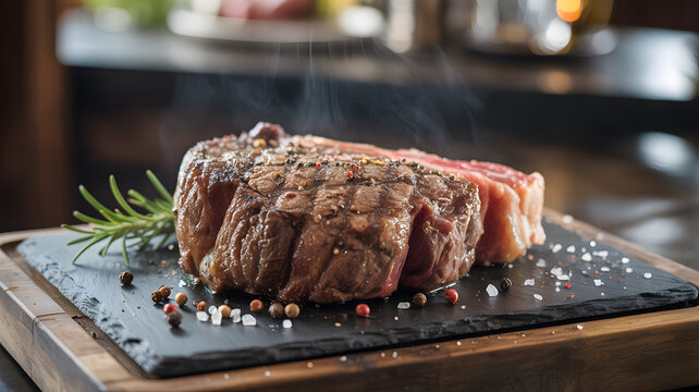 Juicy grilled ribeye steak seasoned with peppercorns and sea salt served on a slate board with rosemary sprig