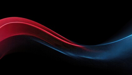 A wavy, abstract design of red and blue flowing ribbons on a stark black background