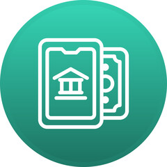 Digital banking icon with a smartphone displaying a bank building and banknotes symbolizing financial transactions